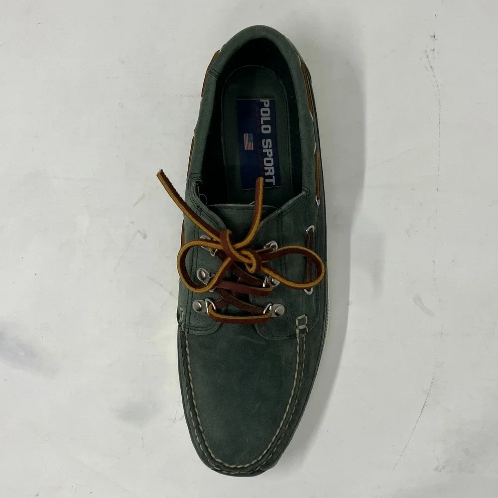 Polo Sport Ralph Lauren Boat Shoes Leather Moc Toe Green‎ Men's 10.5D VTG NEW